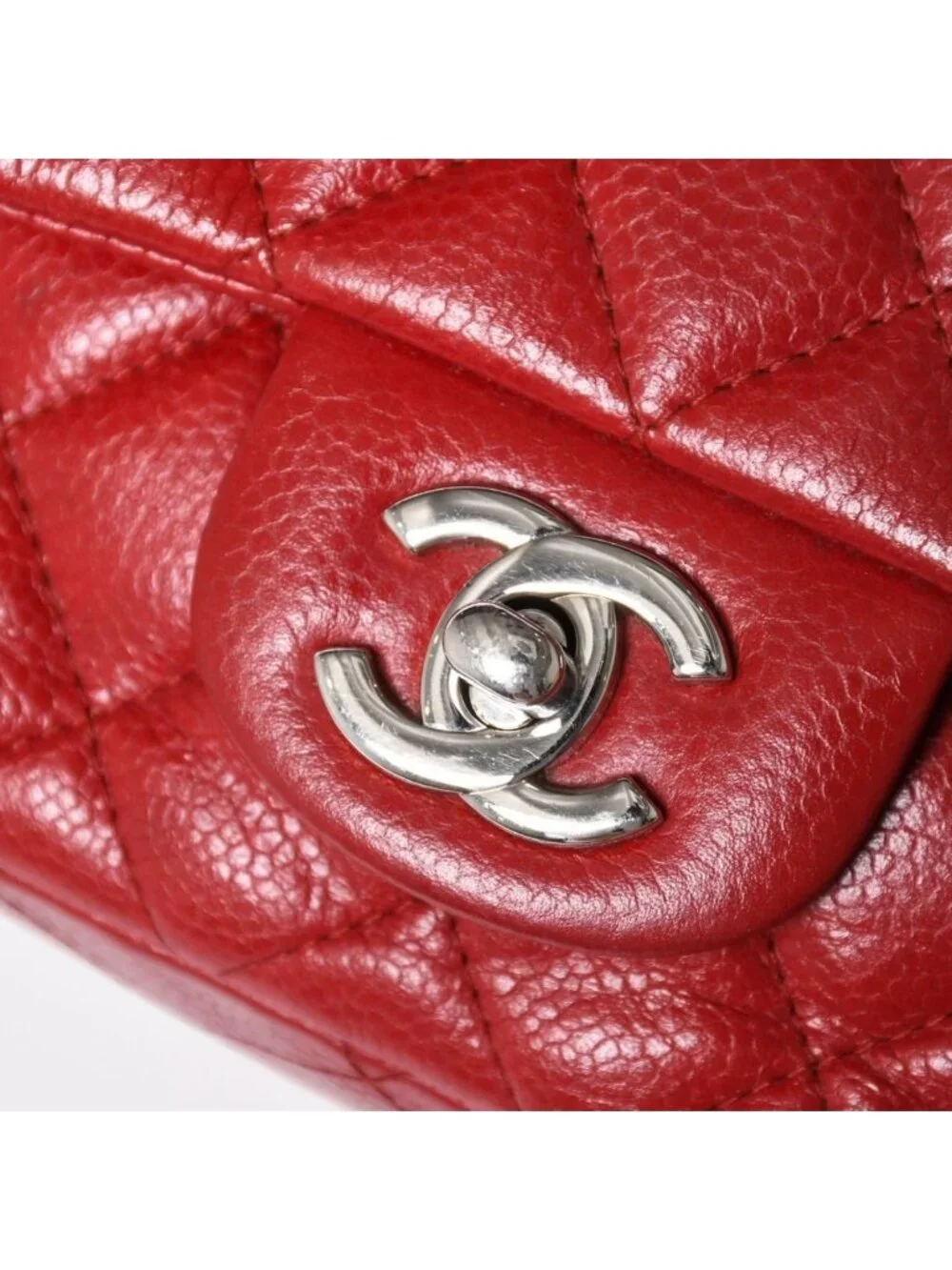 Chanel Mini Quilted 16 Chain Shoulder Bag Caviar Leather Red Silver
